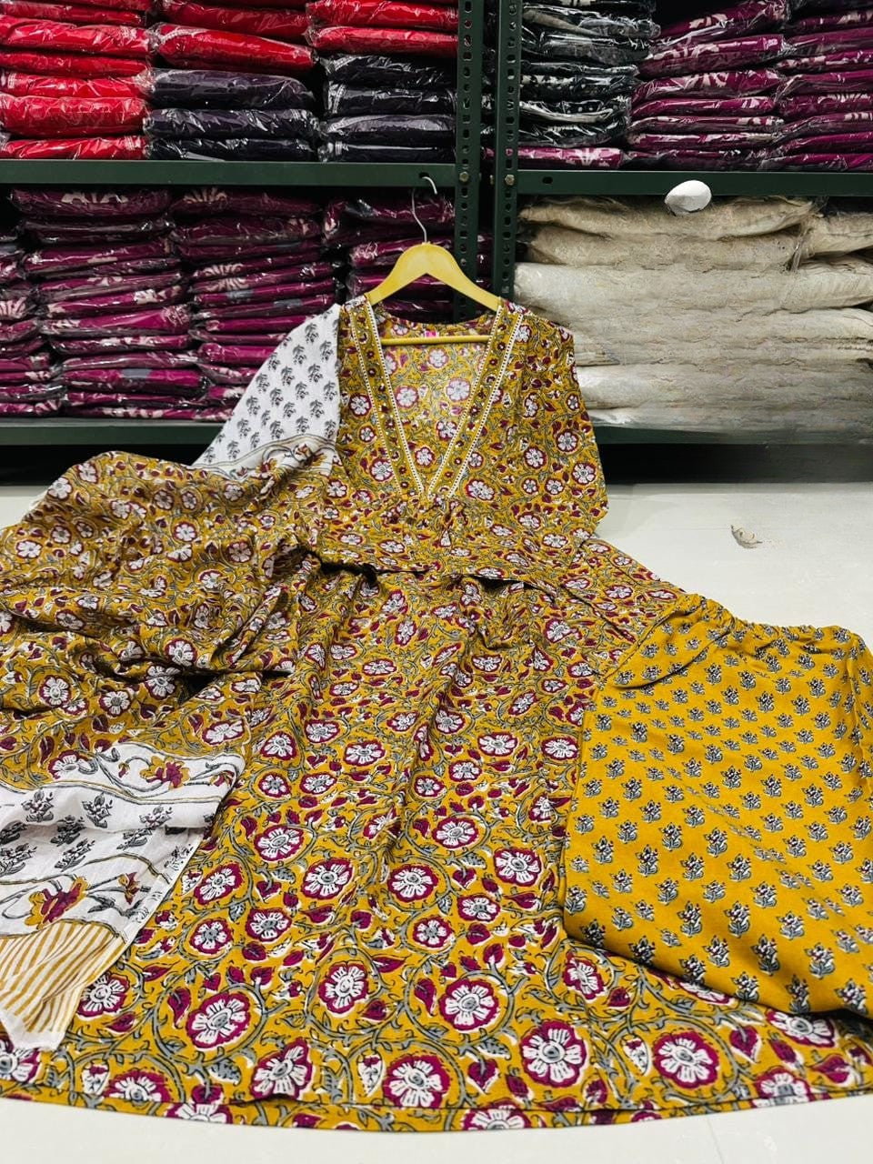 Mustard Floral Block Print Kurta Pant With Dupatta Set