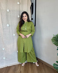 green kurta set, cotton kurta set, suitkari