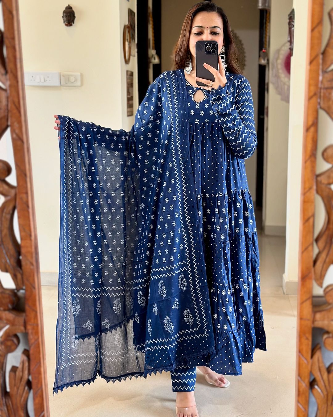 Anarkali Cotton Indigo Blue Color Kurta Set with Hand Work