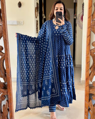 Anarkali Cotton Indigo Blue Color Kurta Set with Hand Work