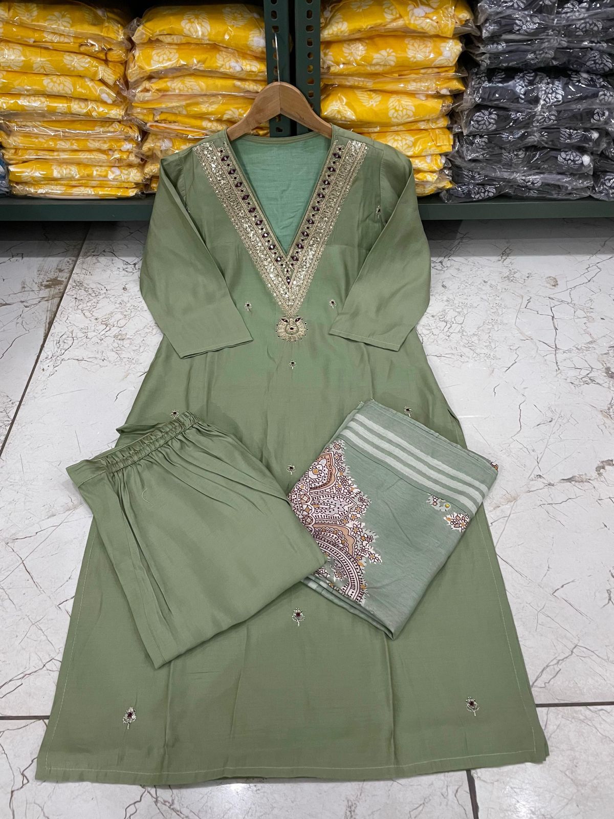 Beautiful Roman Silk Kurti With Classy Comfort Pant and Silk Printed Dupatta