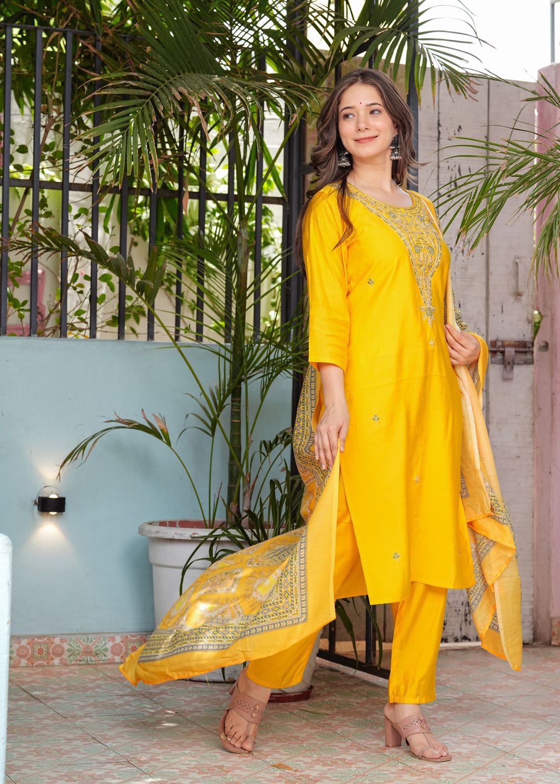 Beautiful Roman Silk Kurti With Classy Comfort Pant and Silk Printed Dupatta