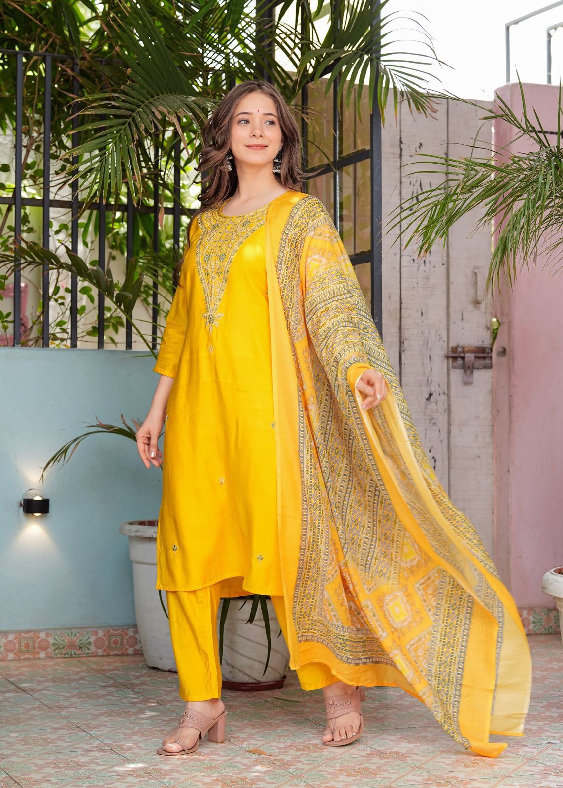 Beautiful Roman Silk Kurti With Classy Comfort Pant and Silk Printed Dupatta