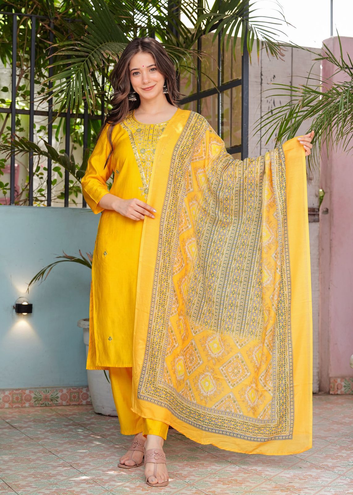 Beautiful Roman Silk Kurti With Classy Comfort Pant and Silk Printed Dupatta