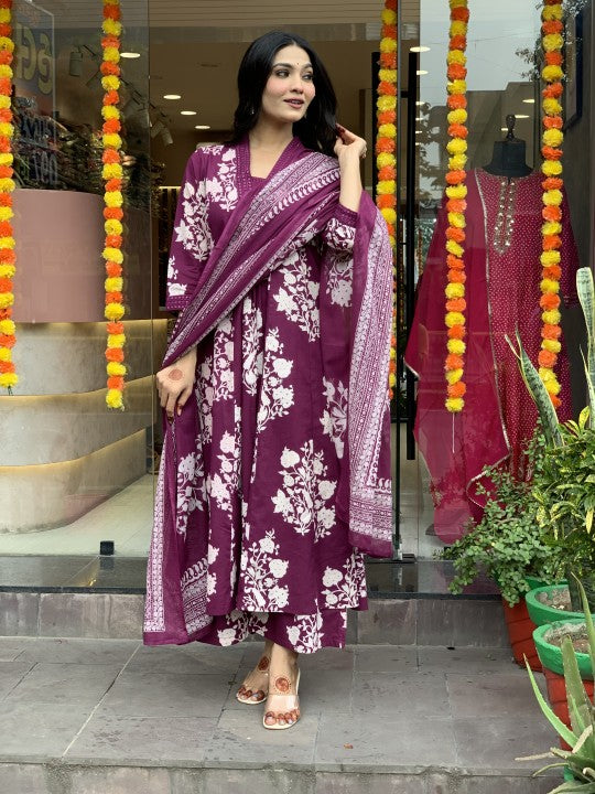 Printed Cotton Anarkali Kurti wtih Plazo and Mulmul Dupatta