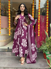 Printed Cotton Anarkali Kurti wtih Plazo and Mulmul Dupatta