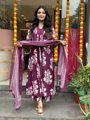 Printed Cotton Anarkali Kurti wtih Plazo and Mulmul Dupatta