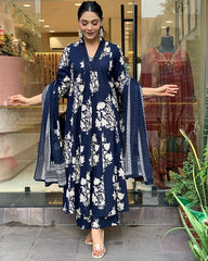 Printed Cotton Anarkali Kurti wtih Plazo and Mulmul Dupatta