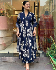 Printed Cotton Anarkali Kurti wtih Plazo and Mulmul Dupatta