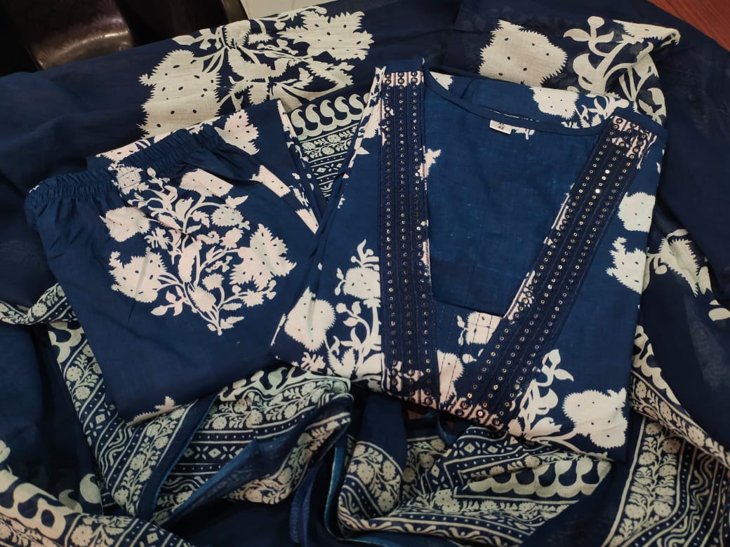 Printed Cotton Anarkali Kurti wtih Plazo and Mulmul Dupatta