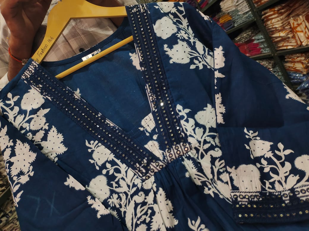 Printed Cotton Anarkali Kurti wtih Plazo and Mulmul Dupatta