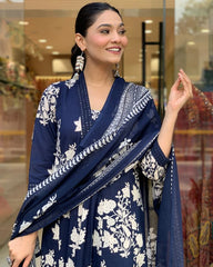Printed Cotton Anarkali Kurti wtih Plazo and Mulmul Dupatta