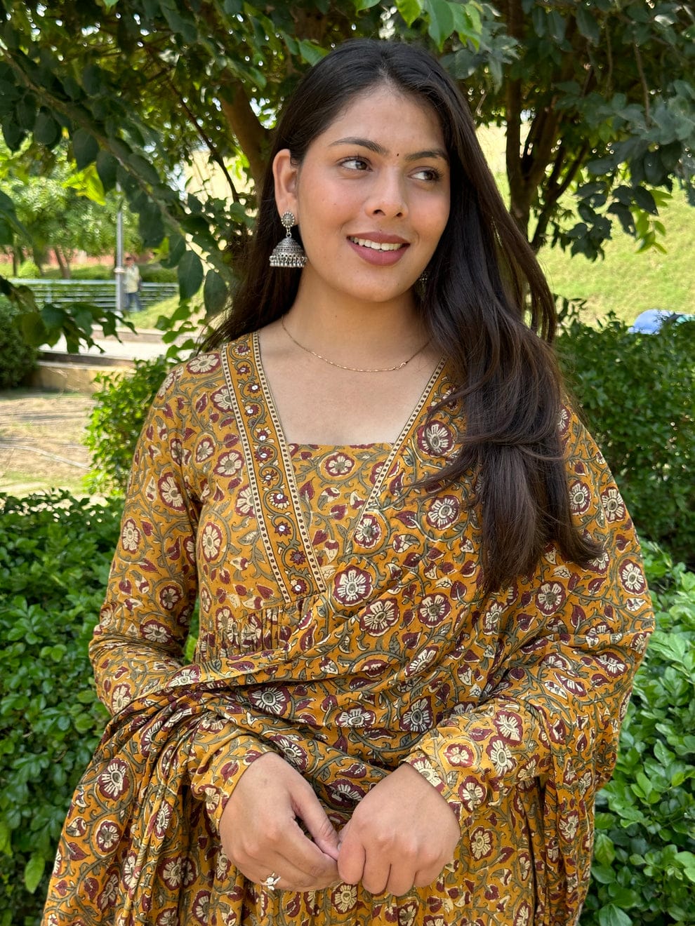 Mustard Floral Block Print Kurta Pant With Dupatta Set
