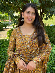 Mustard Floral Block Print Kurta Pant With Dupatta Set