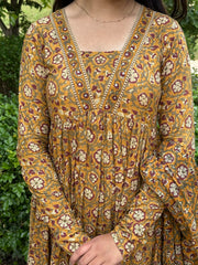 Mustard Floral Block Print Kurta Pant With Dupatta Set