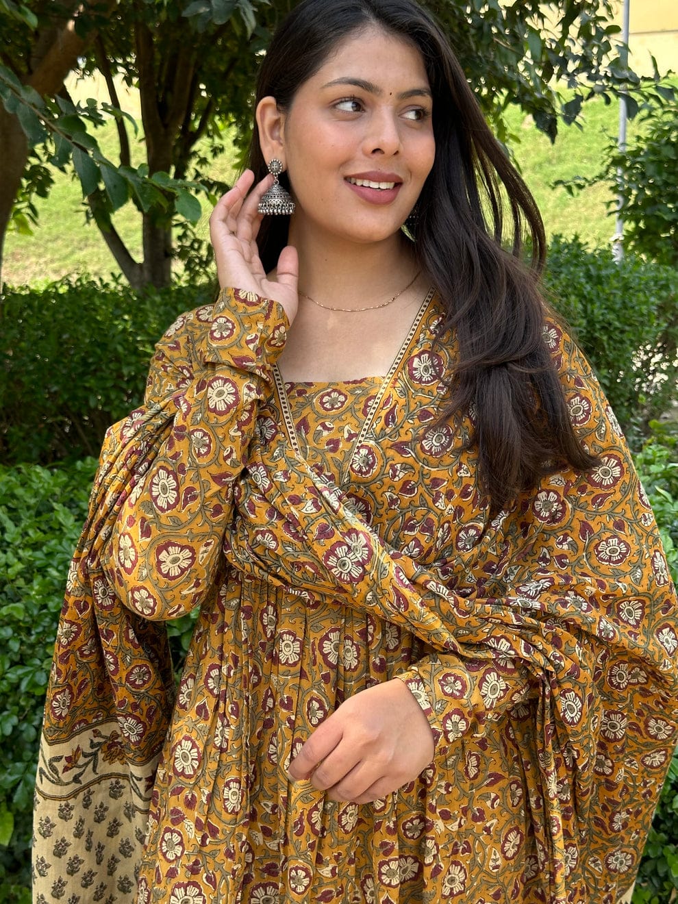 Mustard Floral Block Print Kurta Pant With Dupatta Set