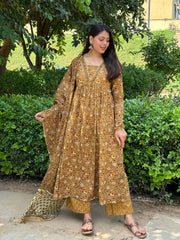 Mustard Floral Block Print Kurta Pant With Dupatta Set
