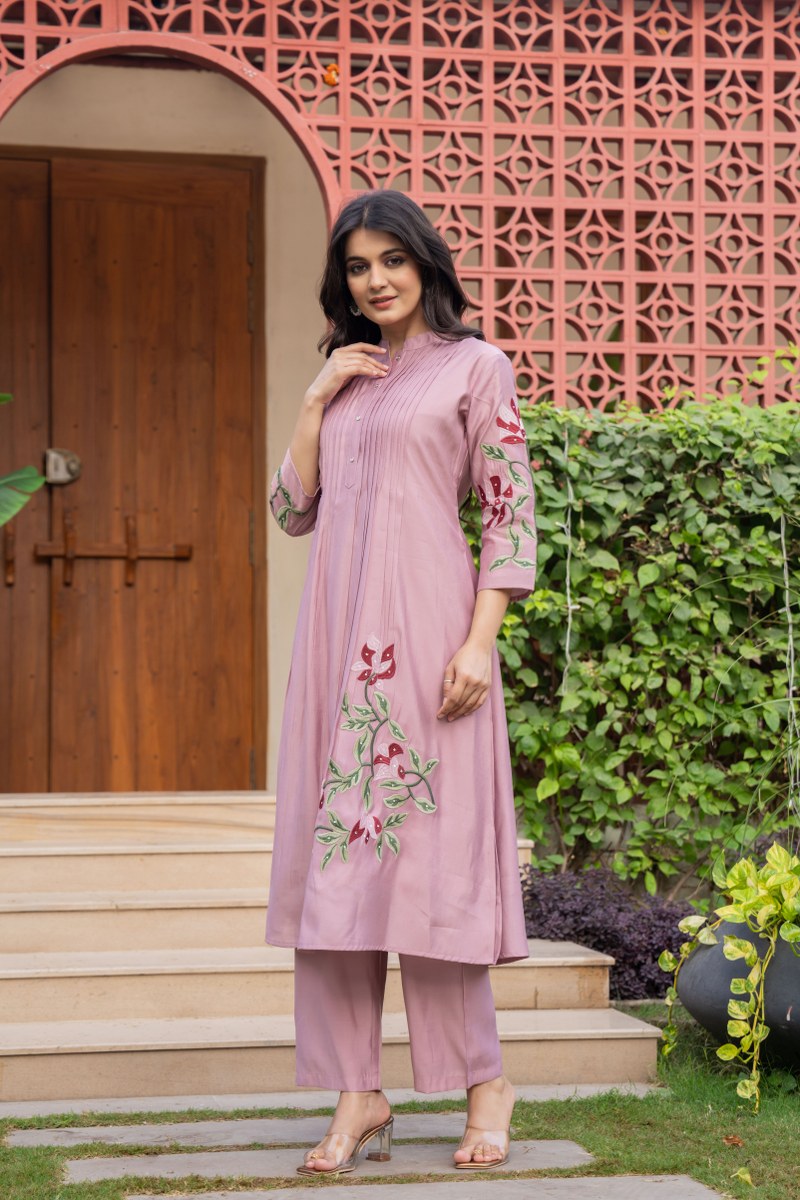 Embroidered Pink Cotton Kurta Set