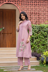 Embroidered Pink Cotton Kurta Set