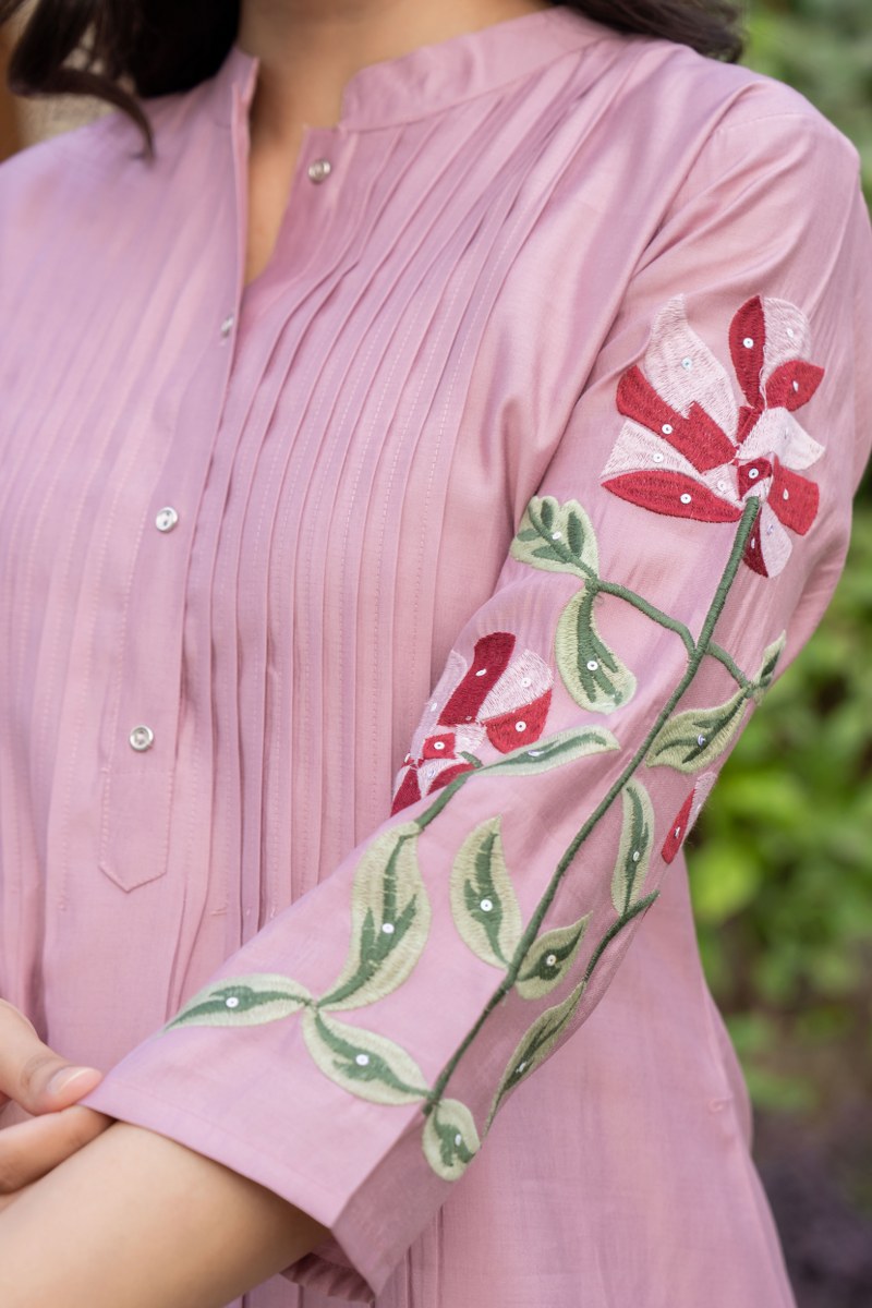 Embroidered Pink Cotton Kurta Set