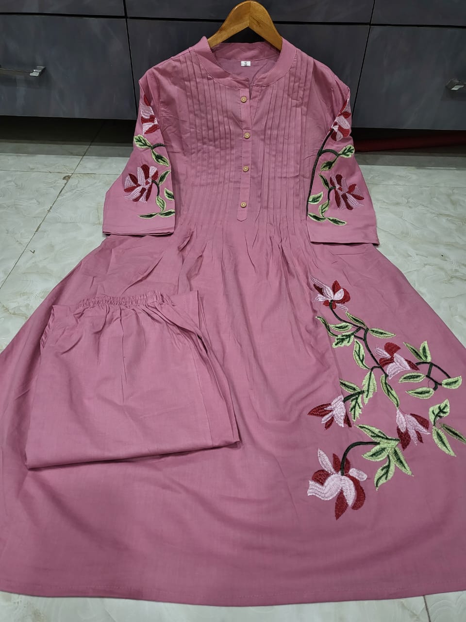 Embroidered Pink Cotton Kurta Set