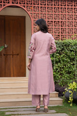 Embroidered Pink Cotton Kurta Set