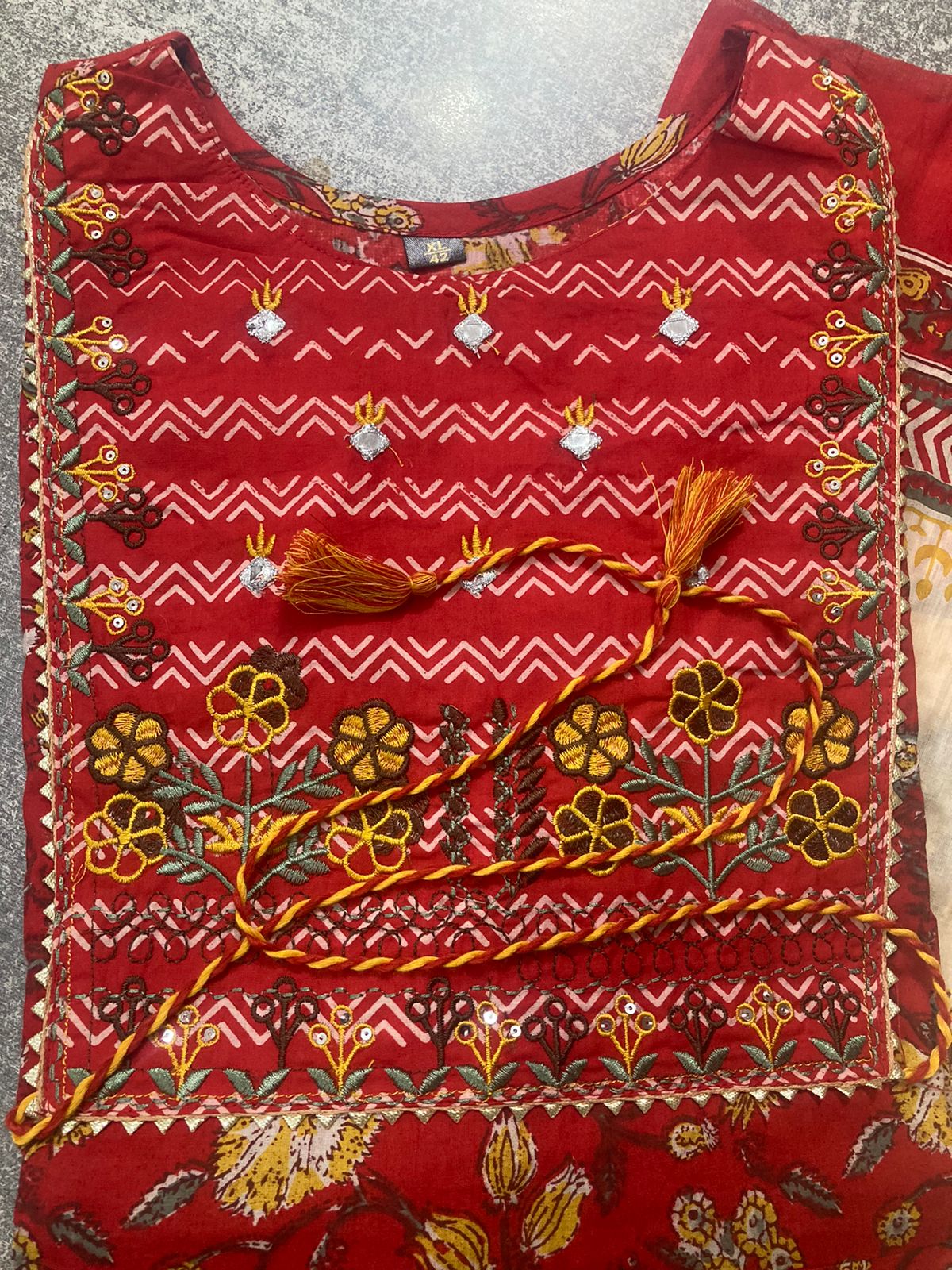 Cotton Floral Print Embroidered Mirror Work Anarkali Set