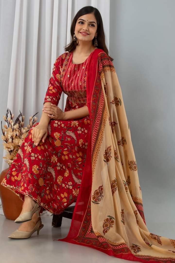 Cotton Floral Print Embroidered Mirror Work Anarkali Set