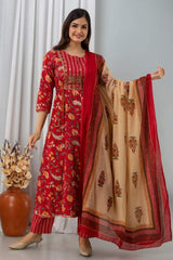 Cotton Floral Print Embroidered Mirror Work Anarkali Set