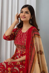 Cotton Floral Print Embroidered Mirror Work Anarkali Set