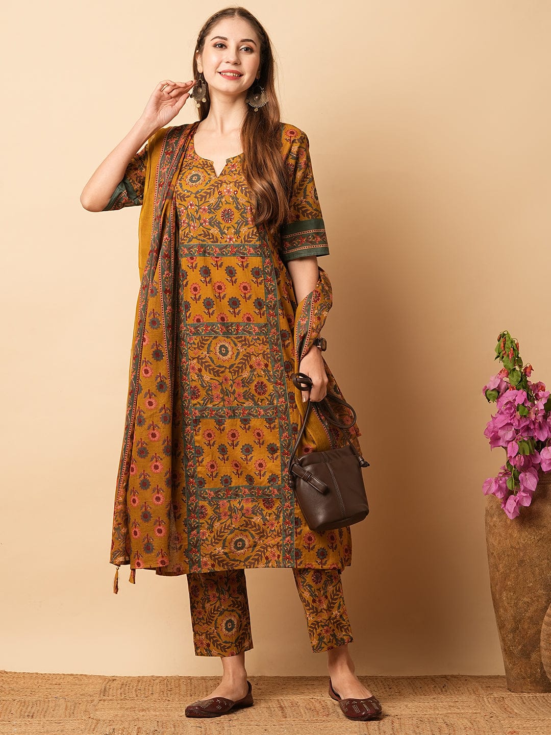 Floral Printed sequins Embellished Kurta Pant Set With Dupatta