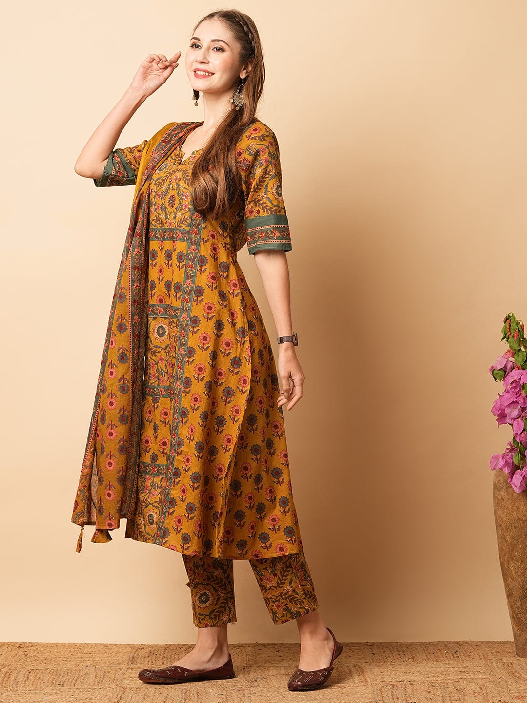 Floral Printed sequins Embellished Kurta Pant Set With Dupatta