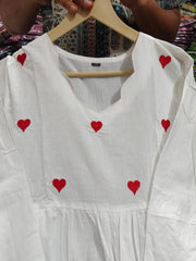 Red Hearts White Kurta Pant with Malmal dupatta Set