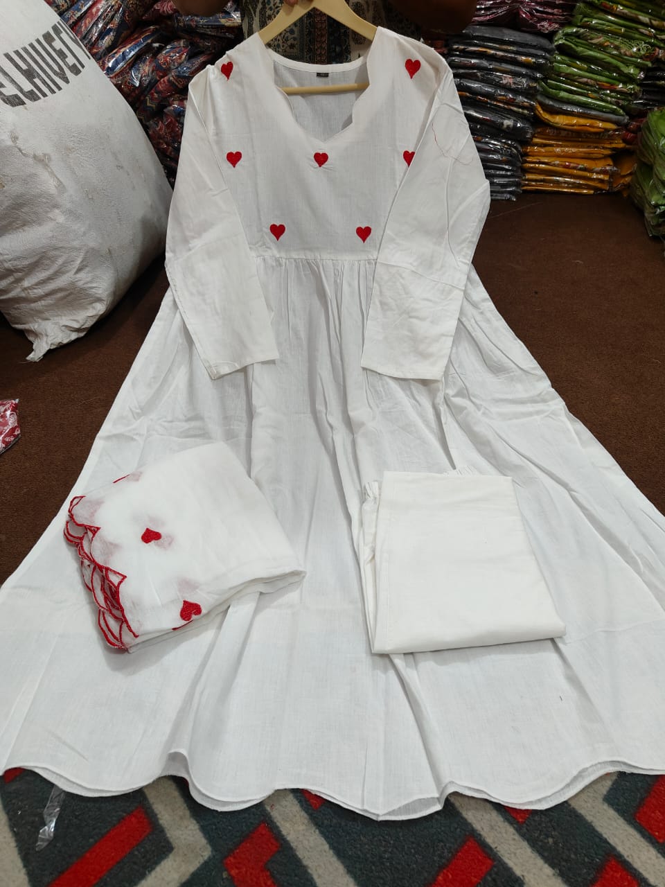 Red Hearts White Kurta Pant with Malmal dupatta Set