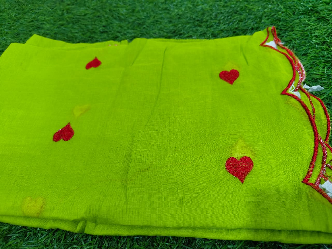 Red Hearts Green Kurta Pant with Malmal dupatta Set