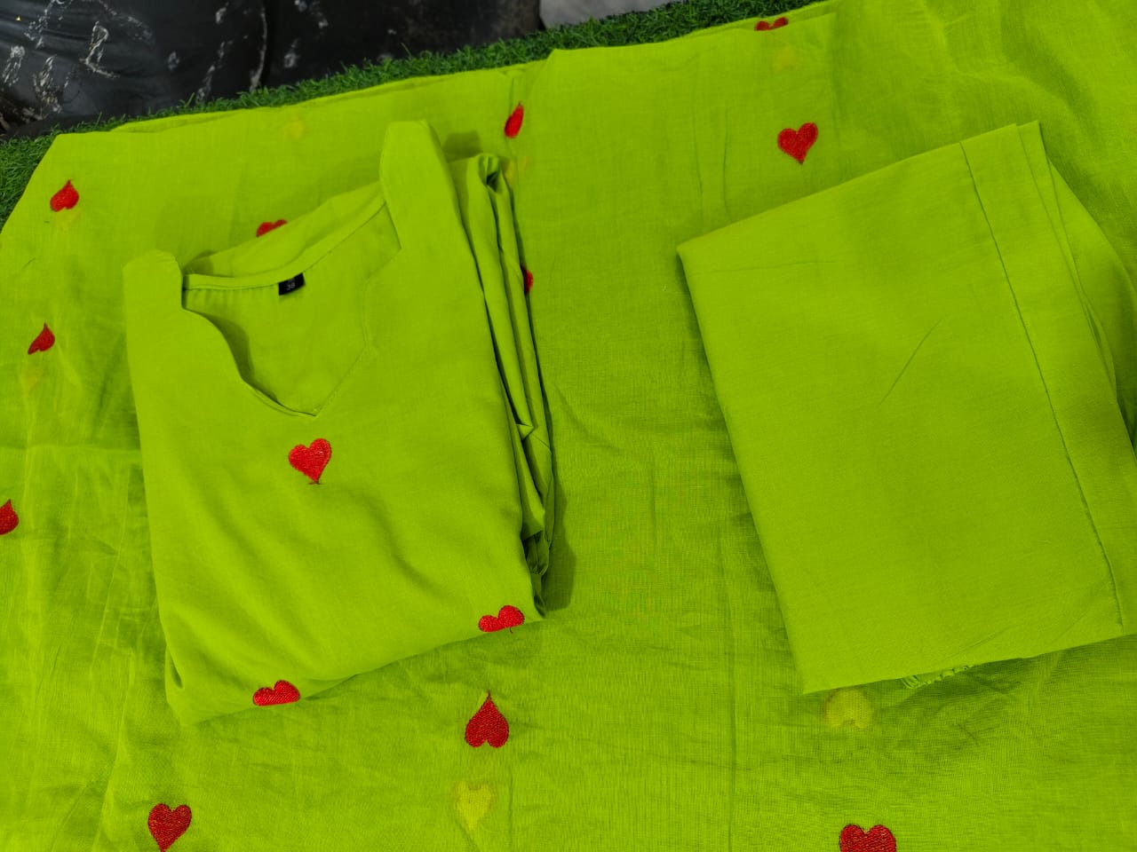 Red Hearts Green Kurta Pant with Malmal dupatta Set
