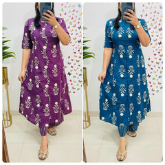 Classy Premium Floral Fine Cotton  Co-Ord Set - Purple