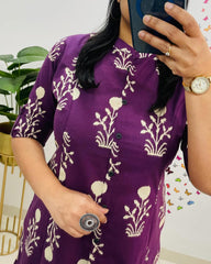 Classy Premium Floral Fine Cotton  Co-Ord Set - Purple
