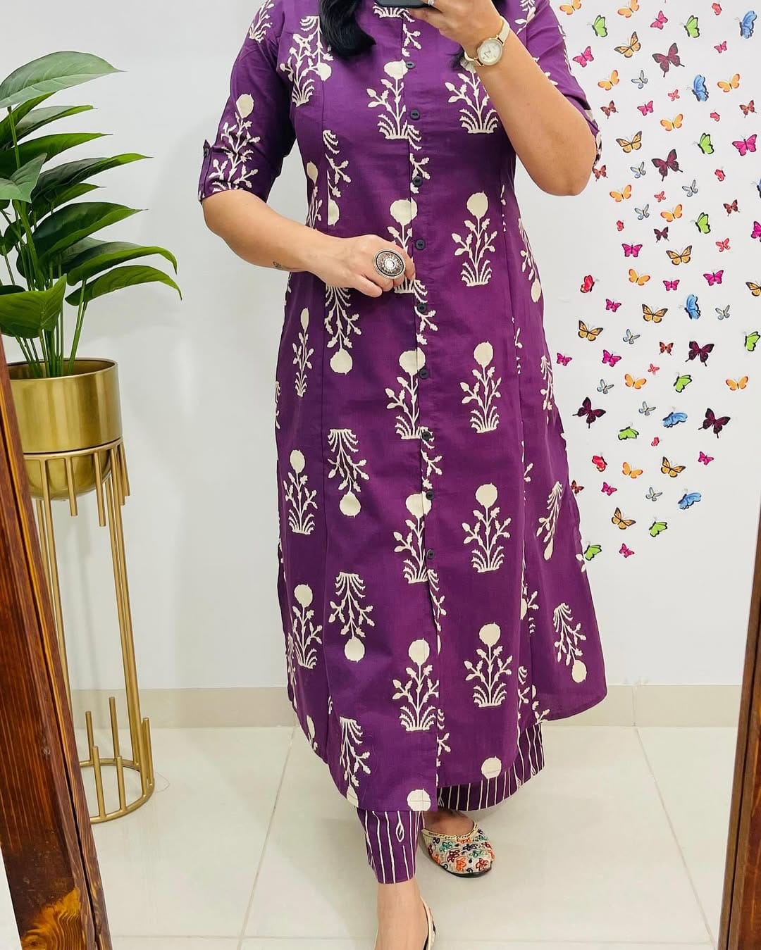 Classy Premium Floral Fine Cotton  Co-Ord Set - Purple