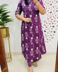 Classy Premium Floral Fine Cotton  Co-Ord Set - Purple