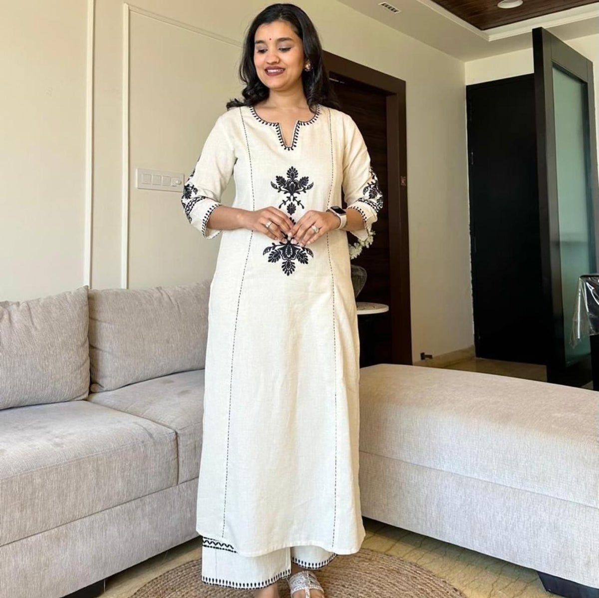 Black Embroidery Cotton White Kurta and Pant Set