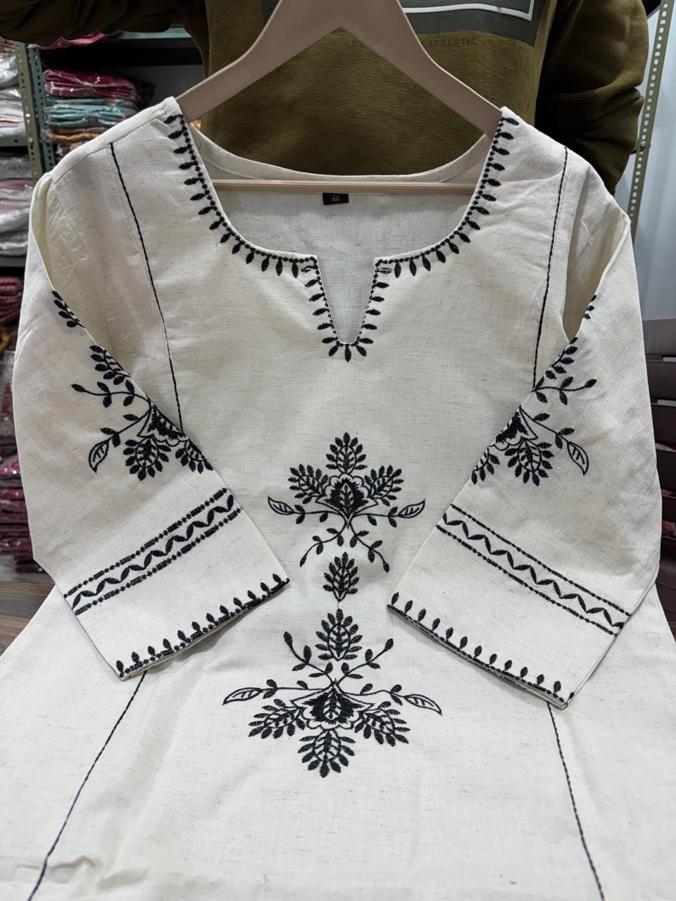 Black Embroidery Cotton White Kurta and Pant Set