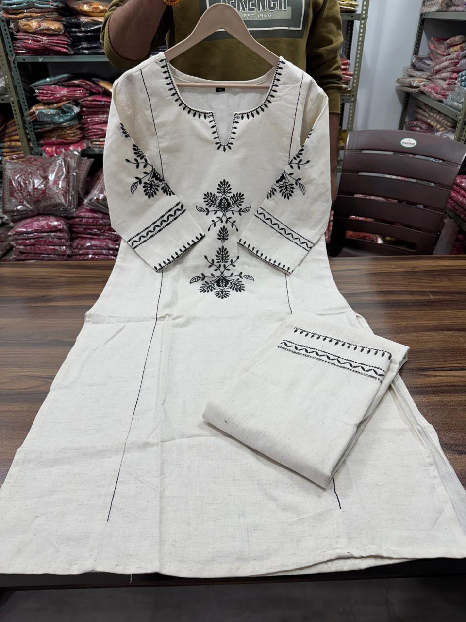 Black Embroidery Cotton White Kurta and Pant Set