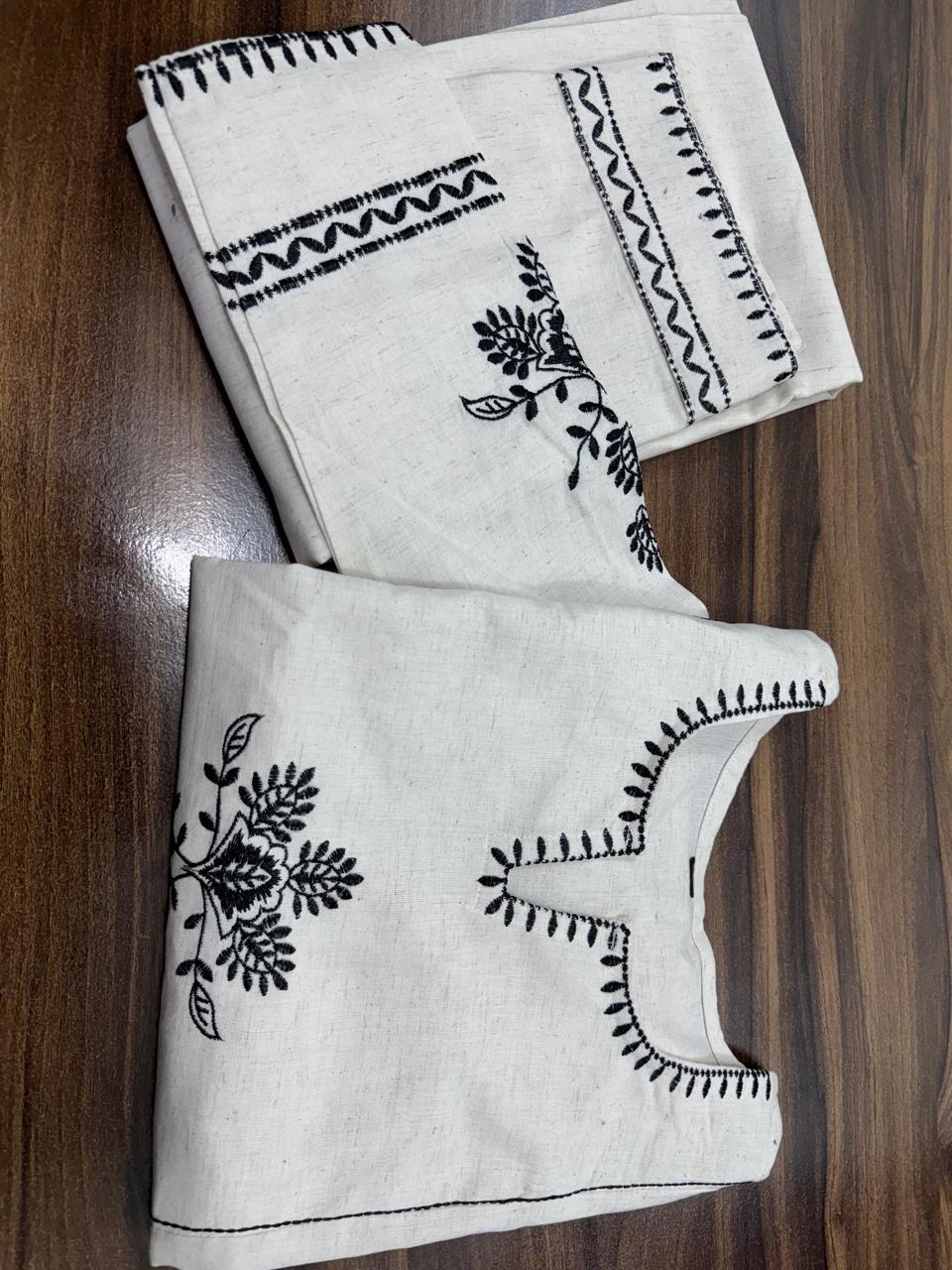 Black Embroidery Cotton White Kurta and Pant Set