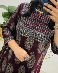 Traditional Cotton Embroidered Wine Kurta Pant Set with Dupatta