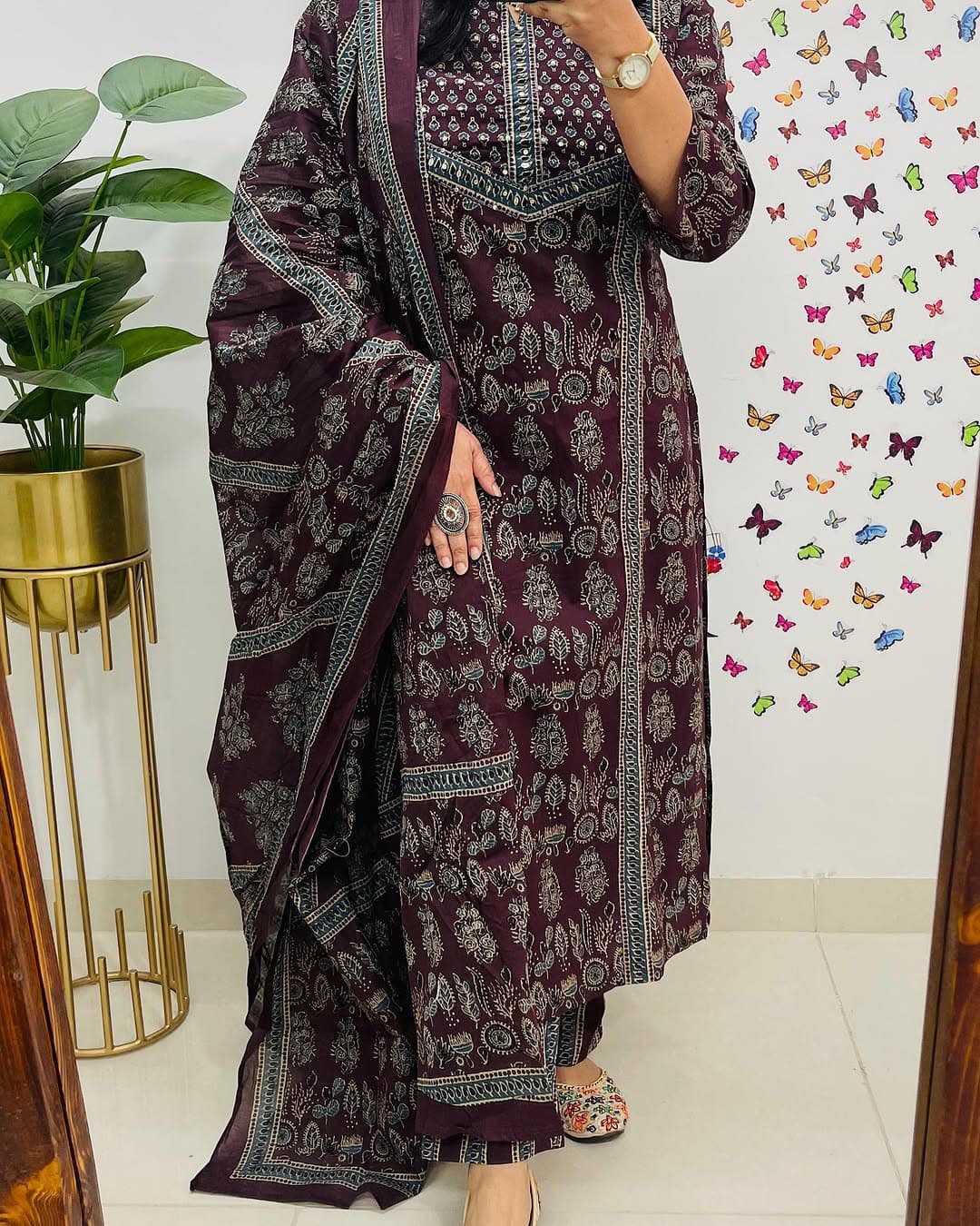 Elegant Azrak Cotton Wine Kurta Pant Set with Dupatta