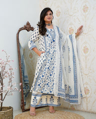 Blue Floral Motif Printed Cotton kurta Pant Set with Dupatta