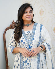 Blue Floral Motif Printed Cotton kurta Pant Set with Dupatta