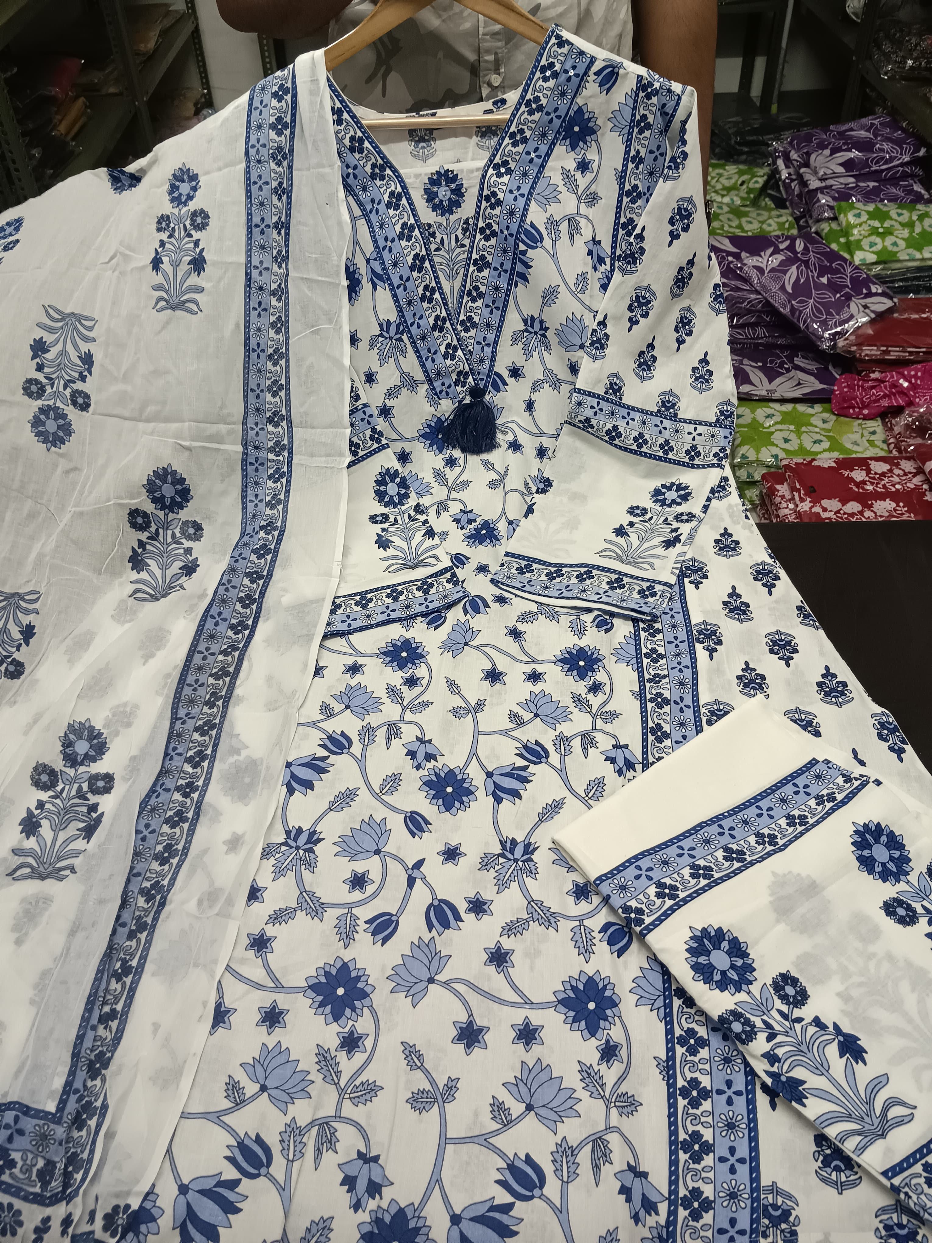 Blue Floral Motif Printed Cotton kurta Pant Set with Dupatta