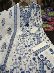 Blue Floral Motif Printed Cotton kurta Pant Set with Dupatta